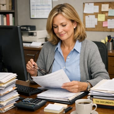 a calm and organized female bookkeeper reviewing files