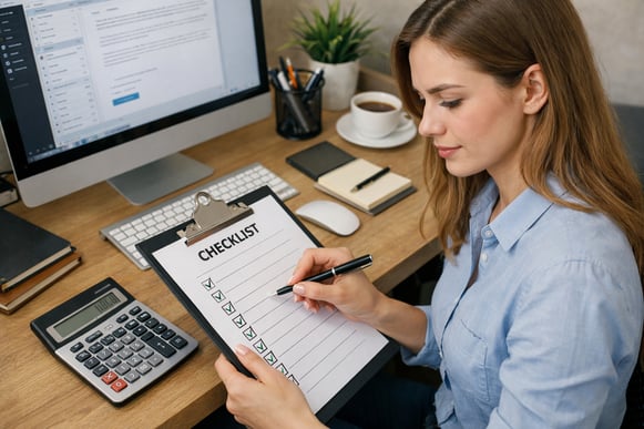 a hyper realistic image of a young woman reviewing a checklist organized desk computer and calculator-2