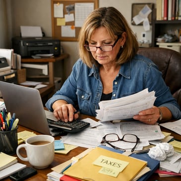 middle aged bookkeeper working on tax files