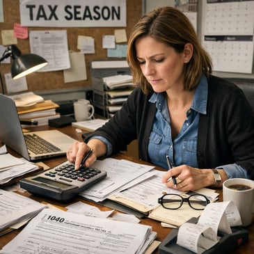 a busy middle-aged bookkeeper