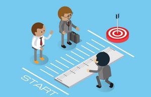 cartoon businessman measuring goal