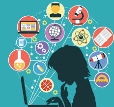 silhouette of woman using laptop with many apps