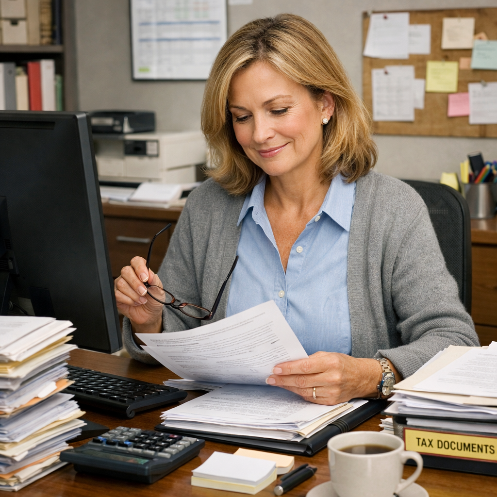 a calm and organized female bookkeeper reviewing files
