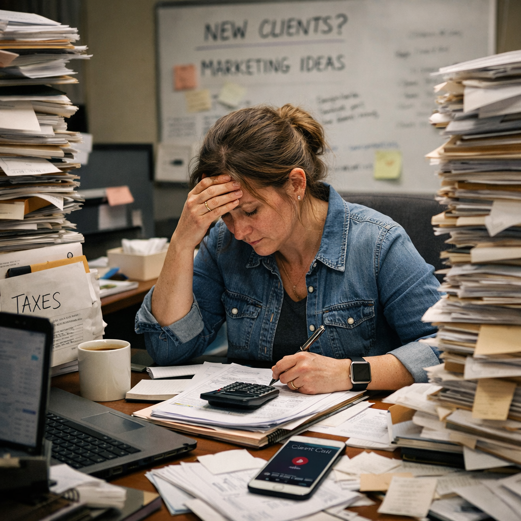 a tired bookkeeping business owner