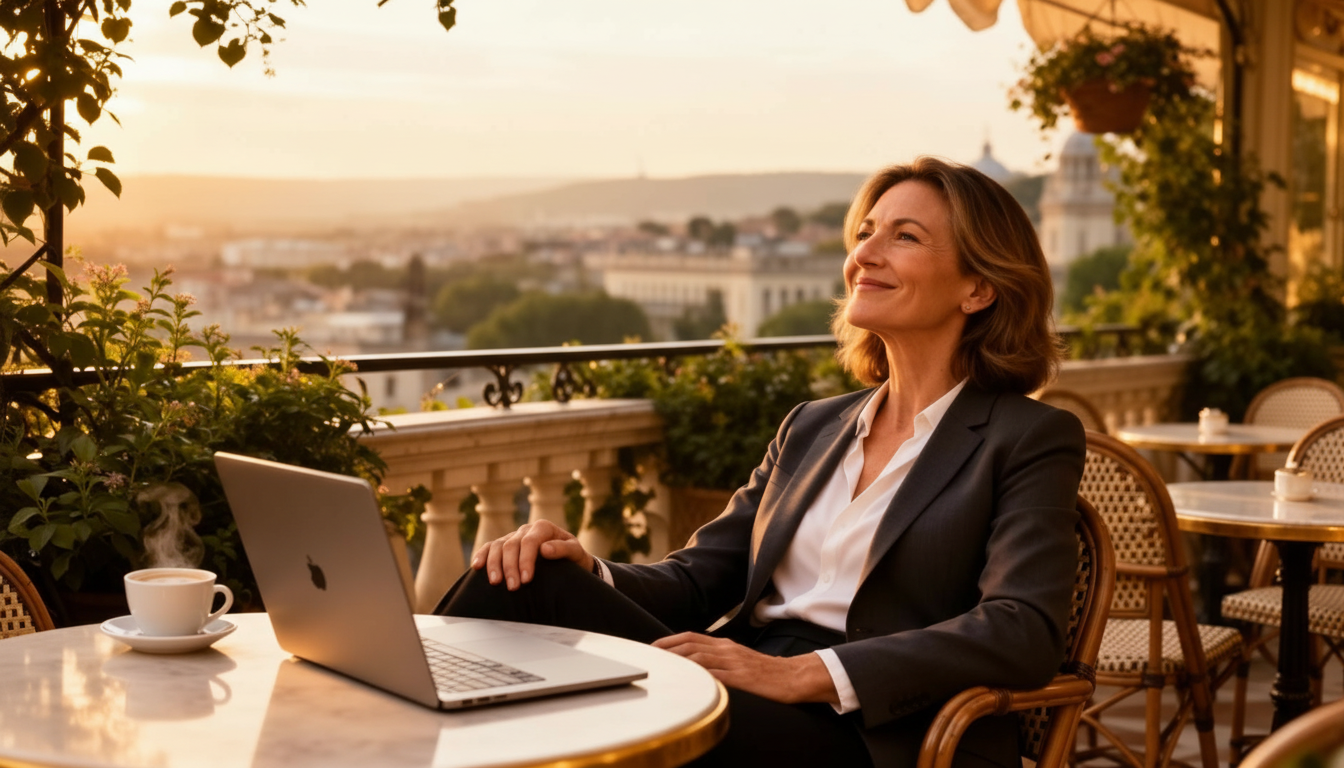Professional bookkeeper enjoying freedom at an elegant café